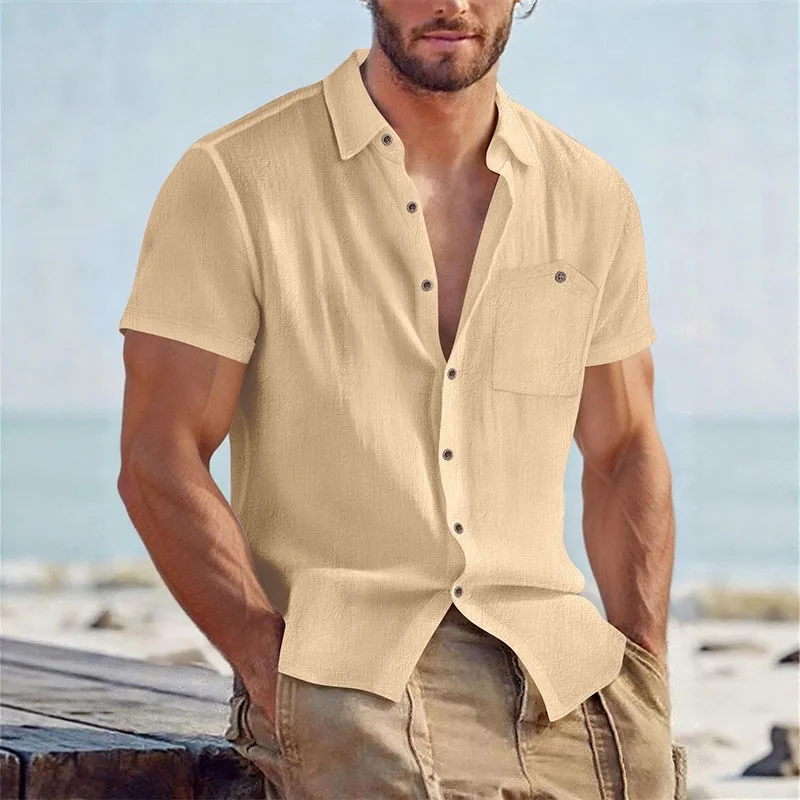 Men's Casual Linen Blend Shirt Short Sleeve Turn Down Collar Button Up Lightweight Breathable Beach Tunic Tops