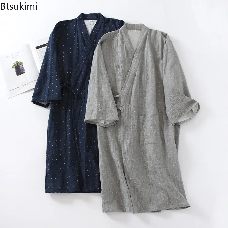 2025 New Japanese Style Kimono Bath Robe Mens Sauna Hotspring Home Wear Cotton Pajamas Spring Summer Sleepwear Monk Frock Robes