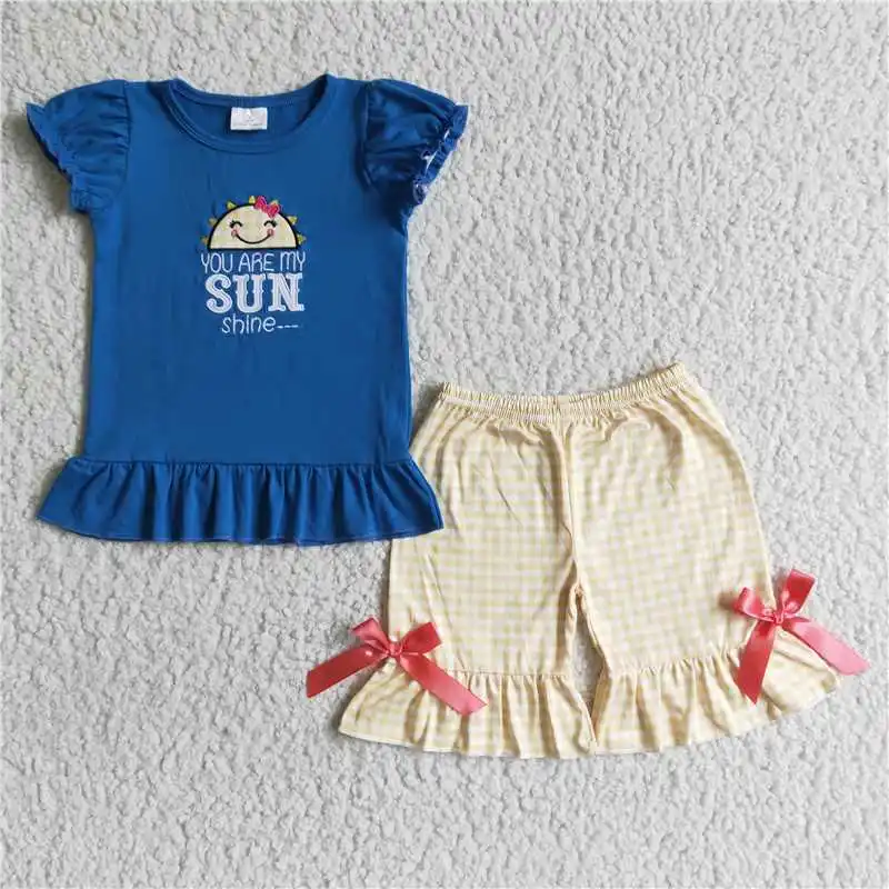 GSSO0096 Wholesale Price Spot Summer Girl Embroidery SUN Sun Bubble Sleeve Yellow butterfly fashion cute shorts set