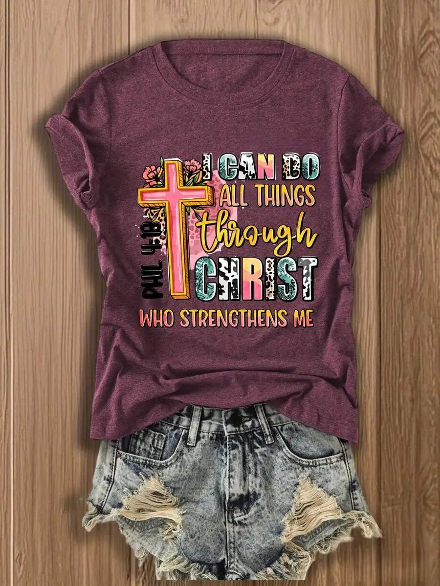 

Womens Graphic Tee With Cross Slogan Print Cotton Blend Short Sleeve Loose Fit T-Shirt