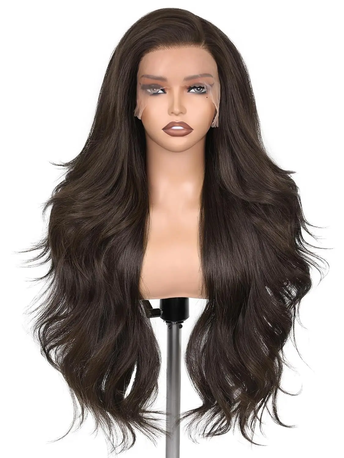 13x4x1 Lace Front Synthetic Wig # 4 Medium Brown Body Wave 28Inch Heat Resistant Pre‑plucked Long Curly Wigs For Women