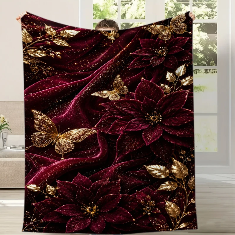 Burgundy Velvet Gold Butterfly Floral Flannel Blanket For Luxe Bedroom Decor Soft Warm Throw Blanket Wrap