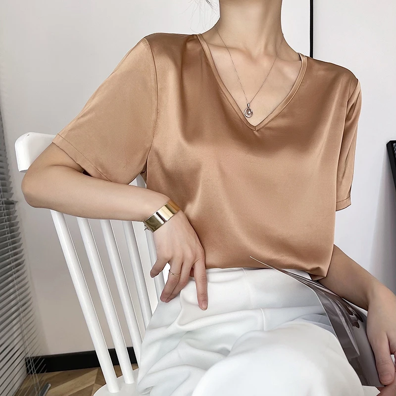 

Ele Летняя женская футболка ort Sve Loose V-Ne Шелковый шелковый атласный базовый цвет Внутренняя одежда Костюм Топ