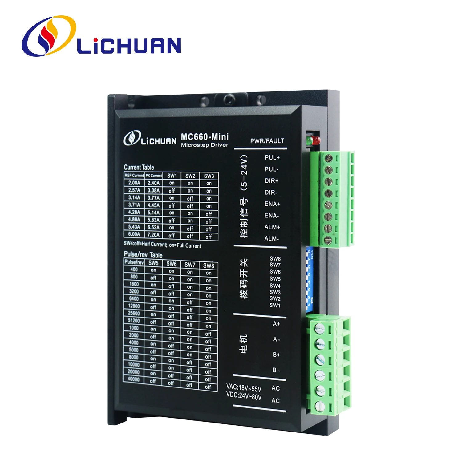 

Lichuan 2-фазный шаговый драйвер Nema24 DC24V~80V/AC18V~55V 7.2A 400~51200ppr Драйверы шагового двигателя с открытым контуром для лазерной машины