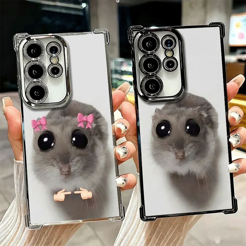 Funny Sad Hamster Meme Plating Phone Case For Samsung Galaxy S25 S26 Edge S24 S23 Ultra S22 S21 Plus S20 FE Anti-Fall Protection