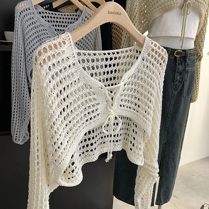 Hollow Out Short Style with Camisole Knitted Sweater for Women Summer New Loose Long Sleeved Cover Up Sun Protection Top