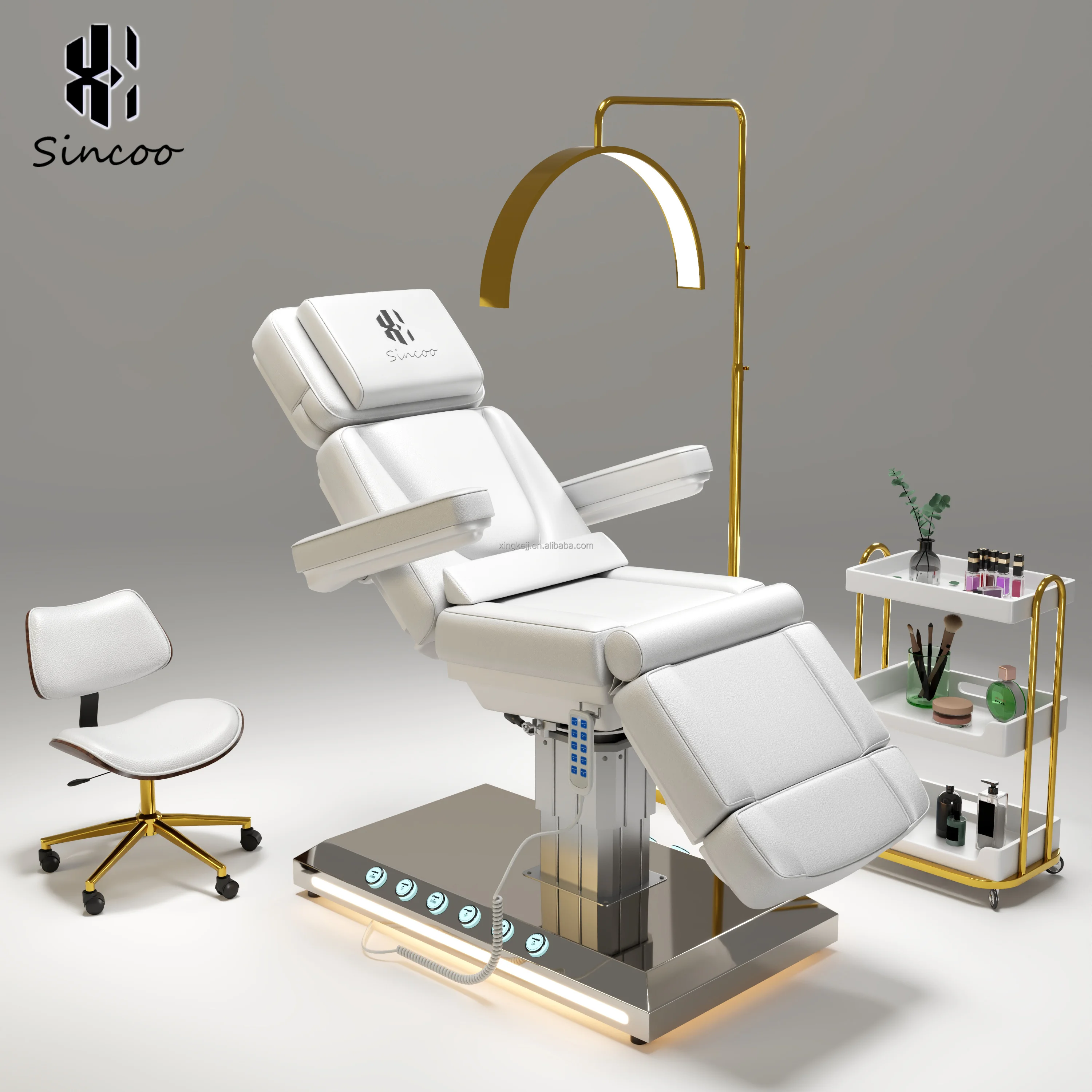 France Premium White Gold Electric Adjustable Salon Eyelash Cosmetic Facial Chair 4 Motors Beauty Recliner Nude Massage Bed