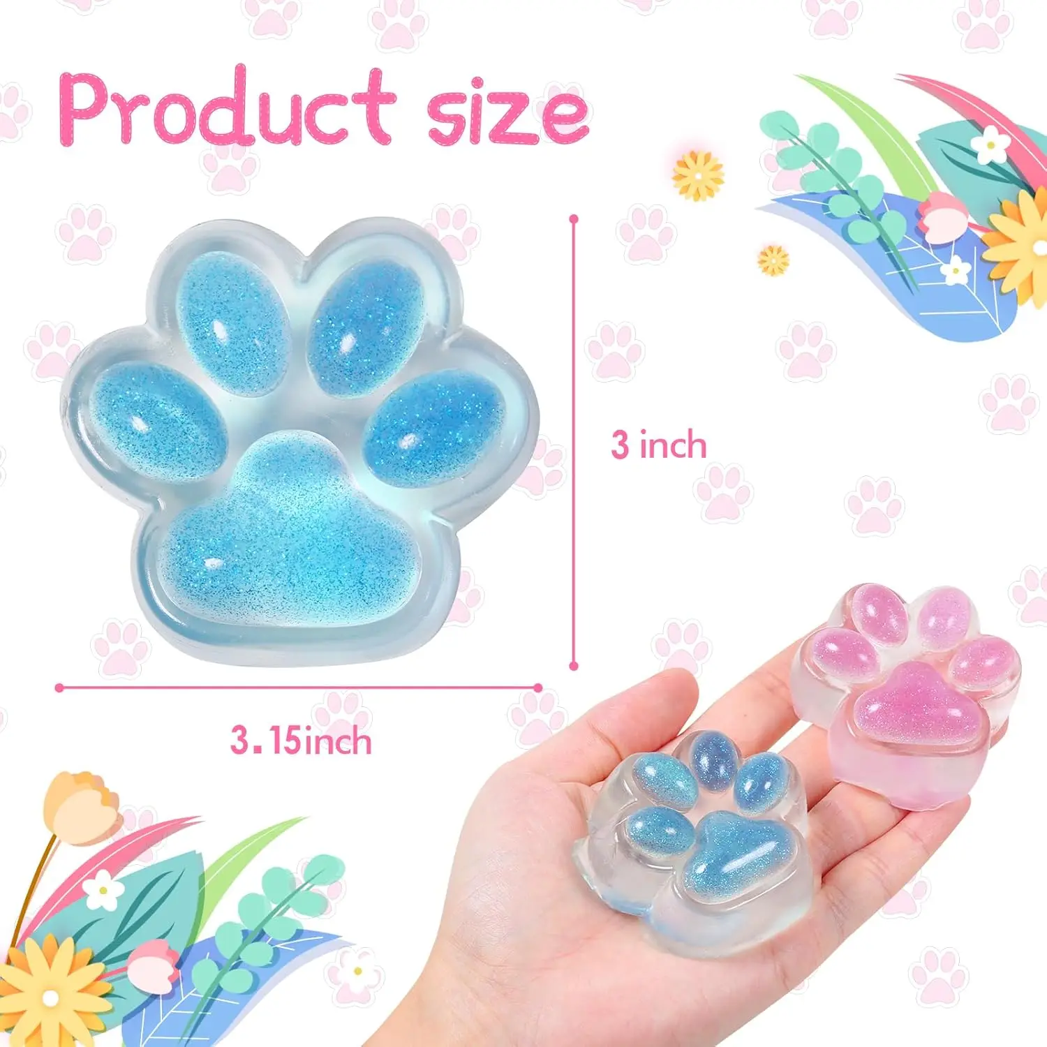Squishy Cat Paw Squeeze Toys Ice Through Sparkling Powder Kawaii Stress Anxiety Relief Soft Sensory Toys for Adults Kids Teens