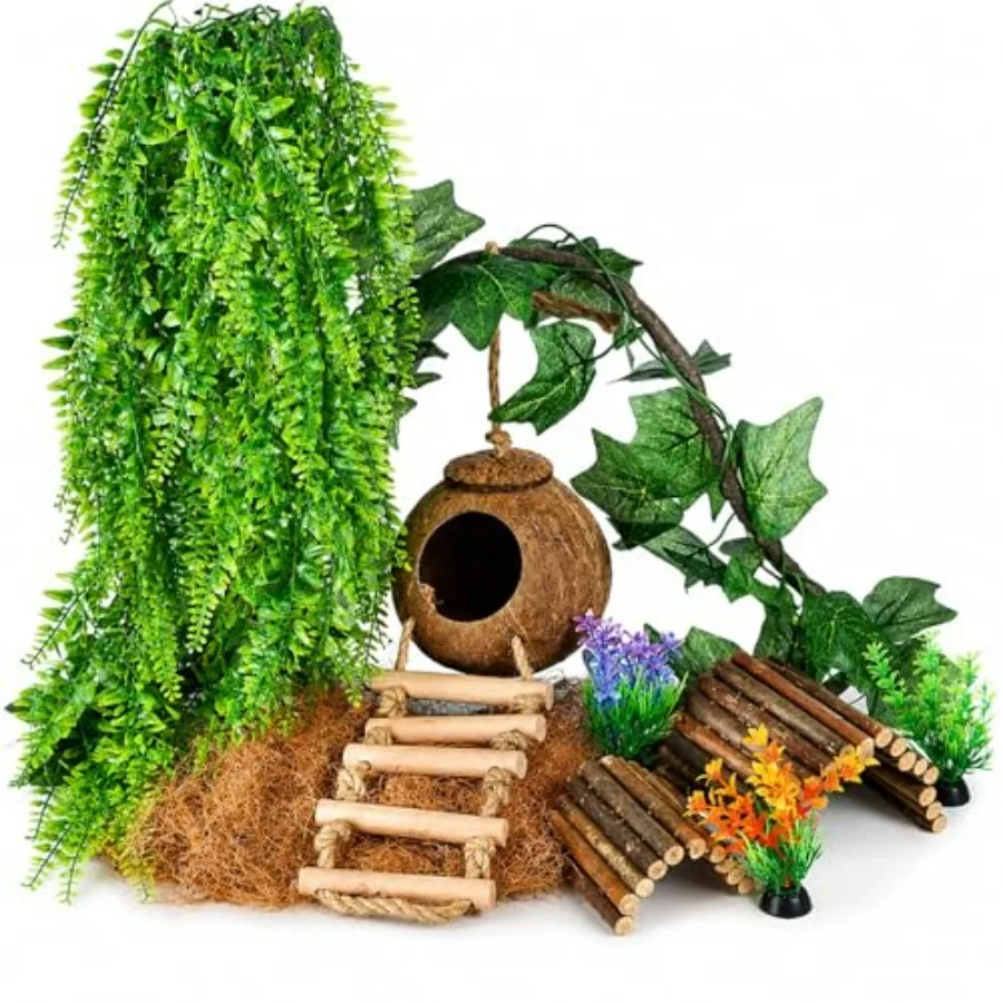 

Crested Gecko Tank Accessories, Reptile Hanging Plants Vines with Natural Coconut Shell Hideout and Climbing Ladder Decor for H