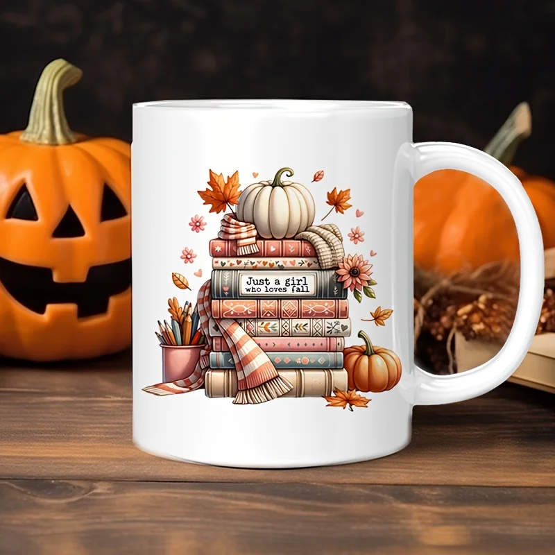 مجرد فتاة تحب كوب سيراميك الخريف - تصميم كتب الخريف والقرع، هدية مثالية لمحبي القهوة، هدية فريدة من نوعها