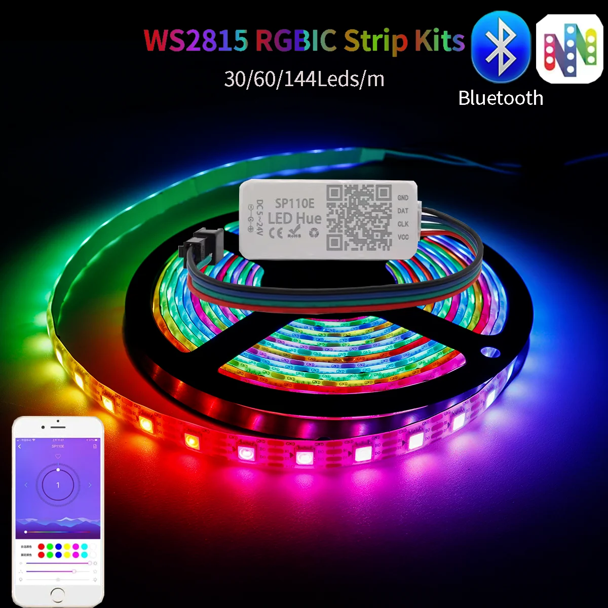 WS2815 Programmable Led Strip lights RGBIC Individually Addressable LED Lighting Lamp With SP110E Bluetooth led Controller Kit