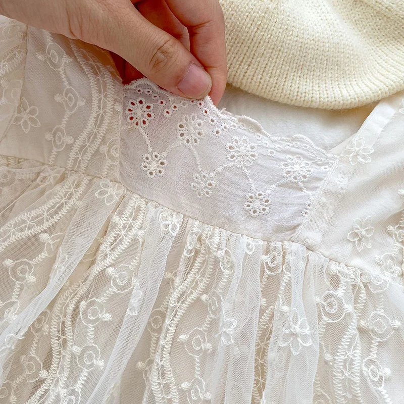 Baby Mädchen Body Herbst Prinzessin Spitze Mesh Kleinkind Strampler Kleid Einfarbig Baumwolle Säuglingskleidung Einteiler für 3M-2Y – Detail 11