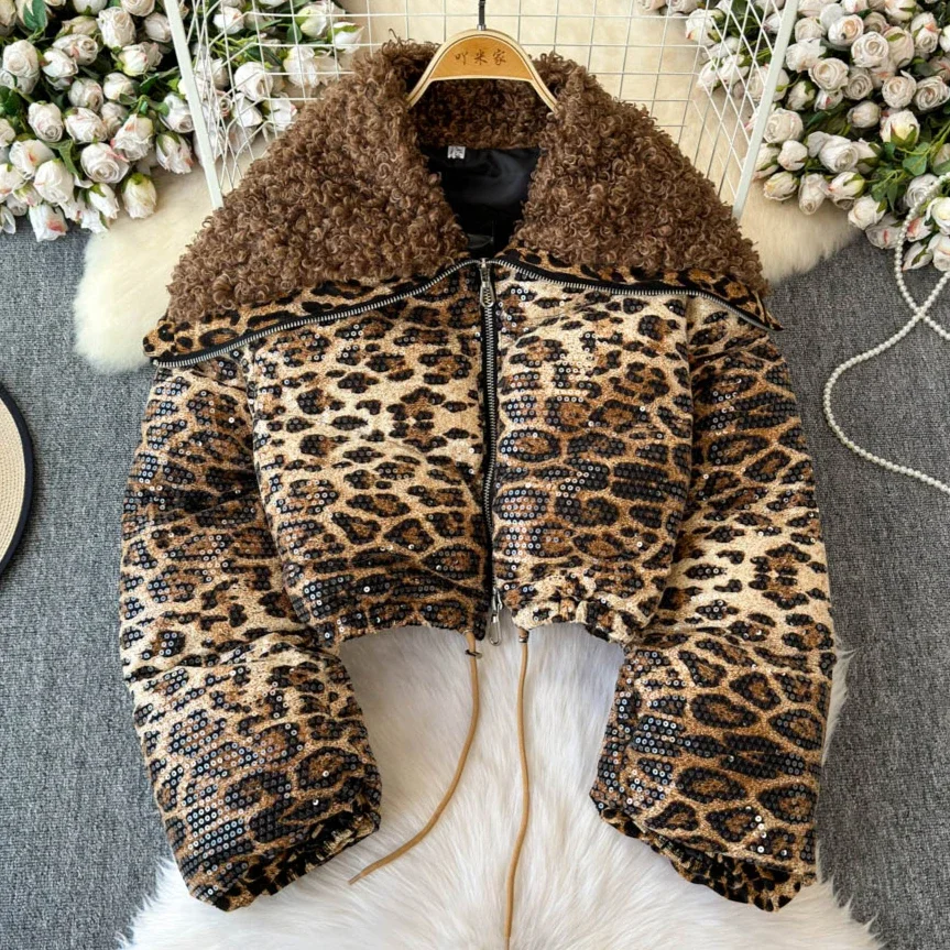 Winter Women Plush Sailor Collar Leopard Printed Sequins Coat High Waist Cotton Padded Jacket Short Zipper Parkas Cardigan Tops