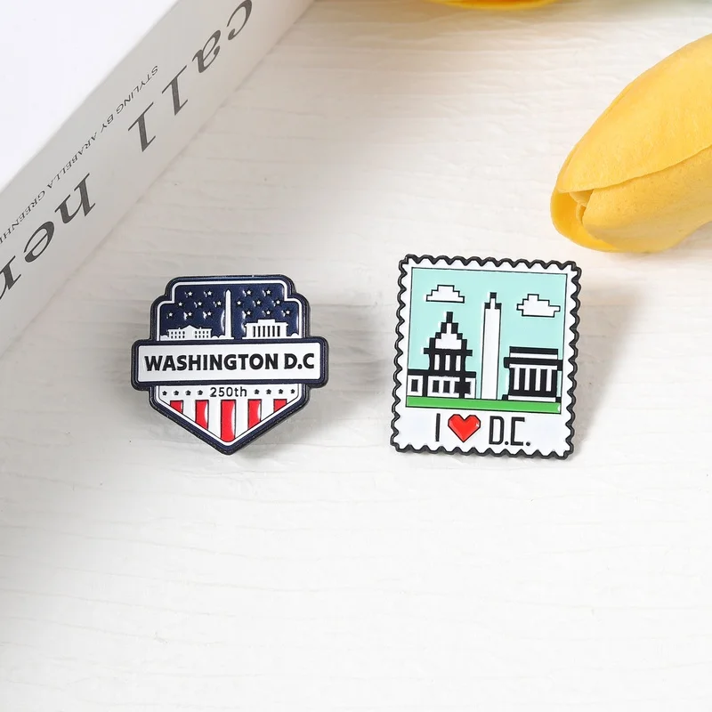 Washington Stamp Enamel Pins Fun USA 250Years Brooches Classic Building Landmark Badges Jewelry Gift for Friends
