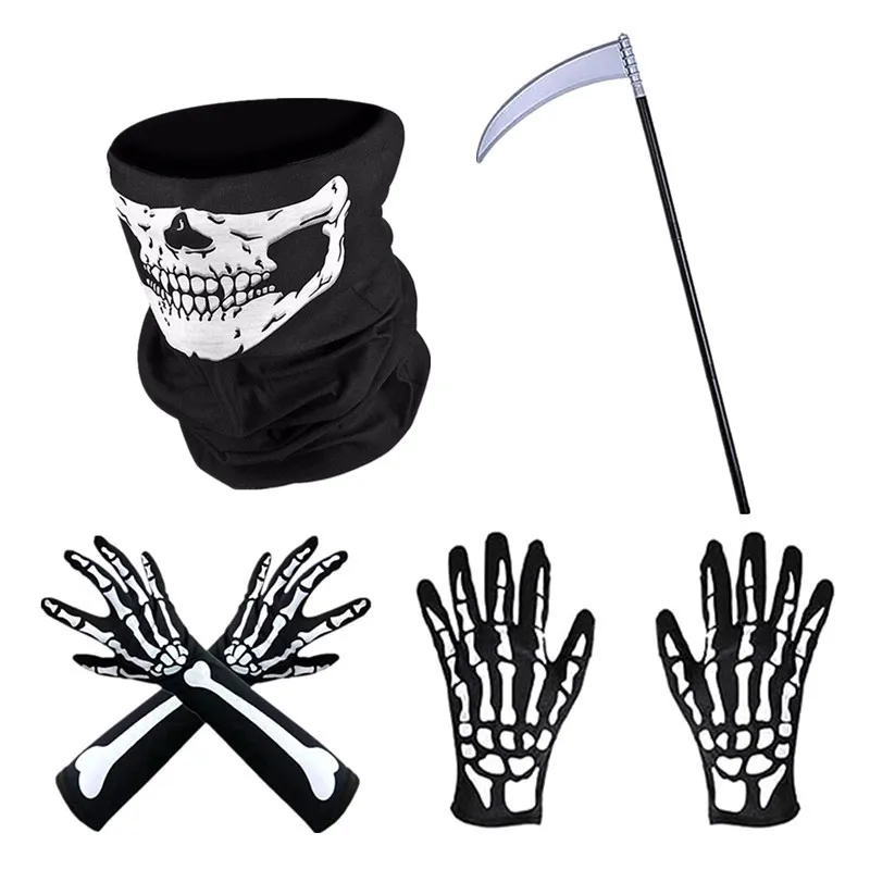 Grim Reaper Scythe and Scary Skeleton Gloves Grim Reaper Accessory Set Halloween Scythe Weapon Party Props Costume Adult Child