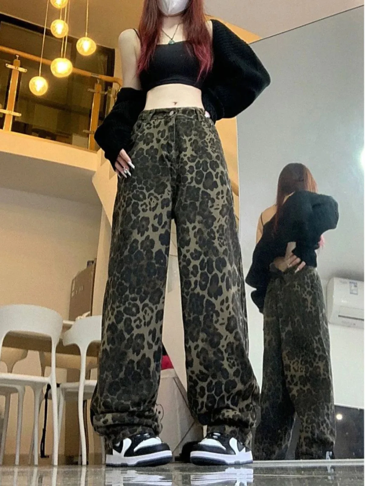 

Trendy American Retro Leopard Print High Waist Loose Women's Jeans Casual Straight Leg Floor-Length Pants Slimming Effect