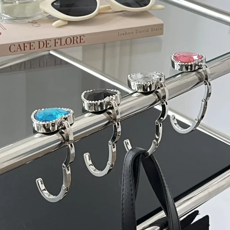 Heart Shape Portable Desk Hanger for Hanging Purse Bag Hook Holder Table Hook Crystal Alloy Foldable Hangbag Hook Christmas Gift