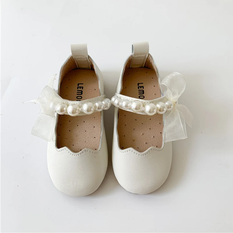 Girls Children Solid Leather Shoes Cute Pearl Mesh Lace Soft Sole Princess Shoes Newborn Kids Flats Elegant Casual Dance Shoes