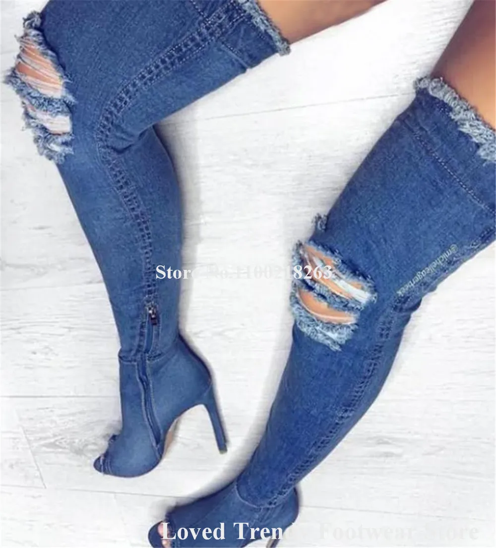 

Sexy Denim Slim Style Stiletto Heel Over Knee Boots Peep Toe Cut-out Blue White Pink Thin Heel Long Boots Big Size Boots