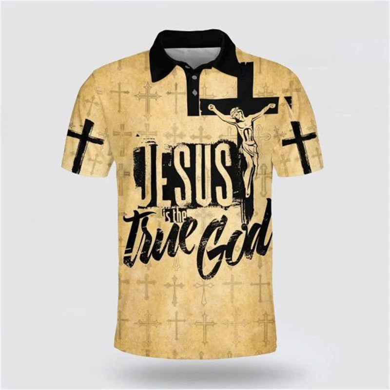 Cross T Shirts Men Religion Jesus 3D Printed Polo Shirt Vintage Short Sleeve Lapel Tee Shirt Summer Man Streetwear Oversized Top