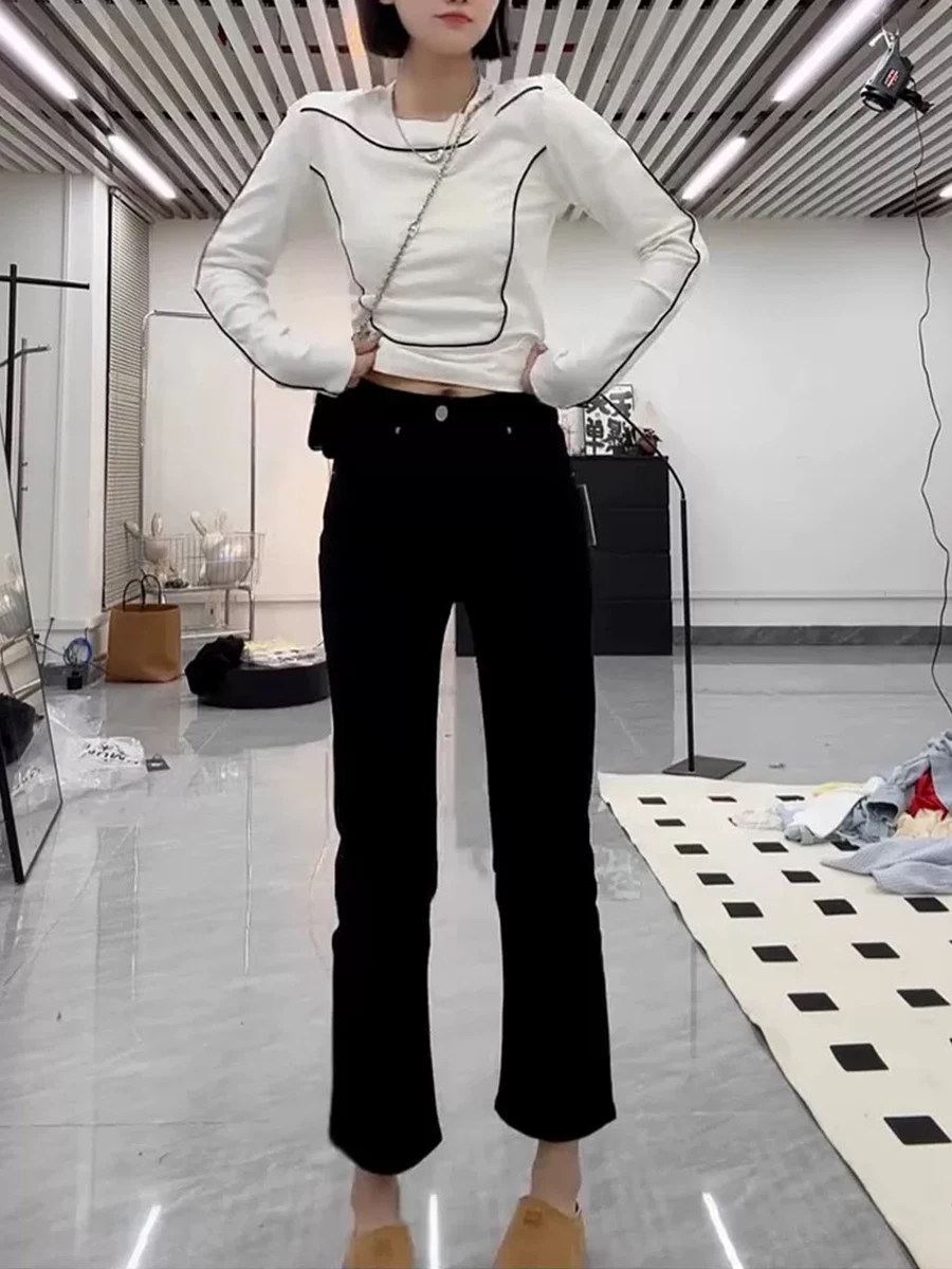 

High Waist Bla Elastic Denim Jeans Women's plus Size Spring Autumn Straight Tube Pants Slimming Nine-Piece Jeans