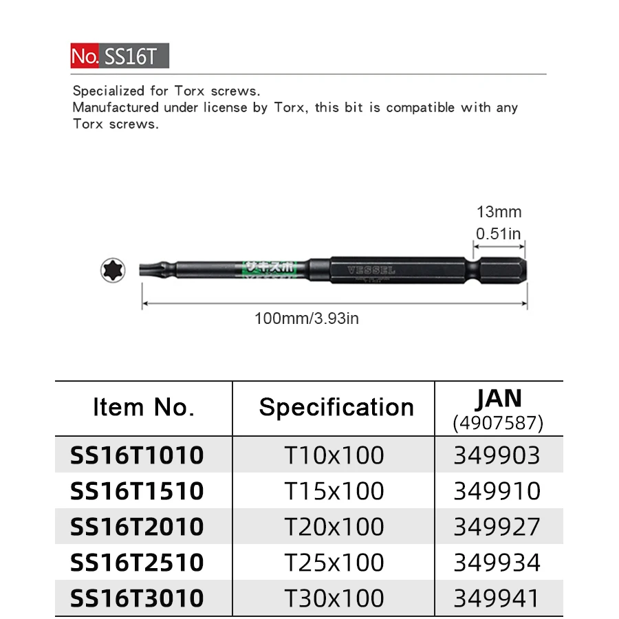 VESSEL 100mm Screwdriver Bit Set Torx Magnetic Screws Drill Bit Hand Tools Accessories NO.SS16T Series