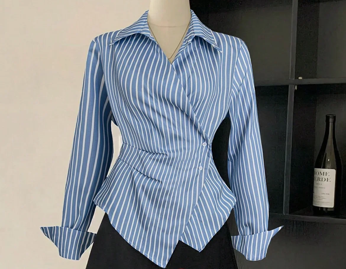 

Осенний новый стиль, европейский и американский стиль, с длинными рукавами, трансграничная внешняя торговля, женская одежда, темпераментная полосатая рубашка