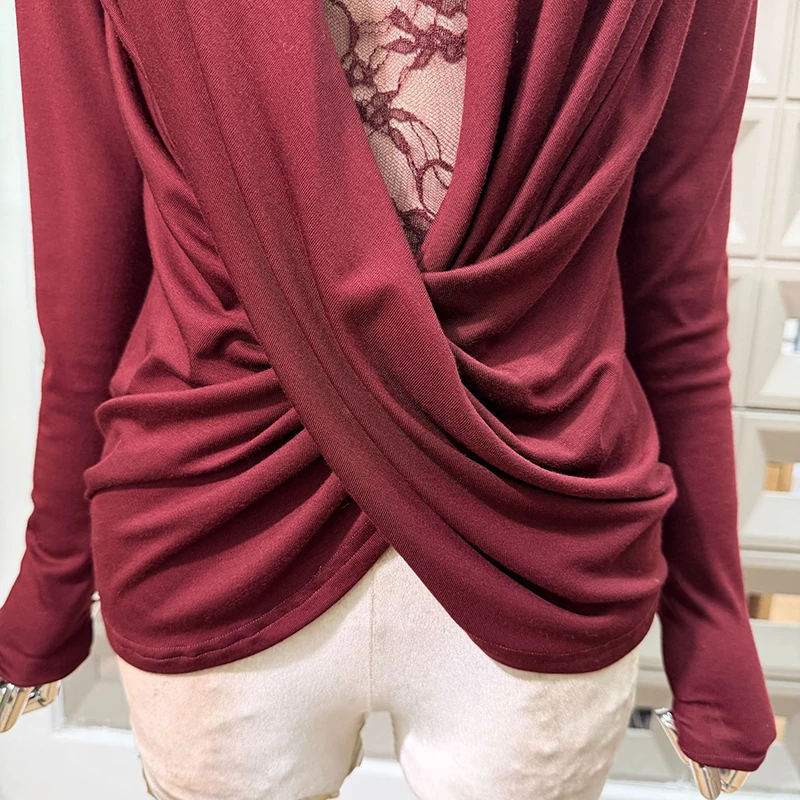 بلوزة تونيك فضفاضة قابلة للطي أنيقة متينة من KBQ للنساء على شكل حرف V ورقبة عميقة وأكمام طويلة قميص بمزاجية للسيدات على الموضة جديد