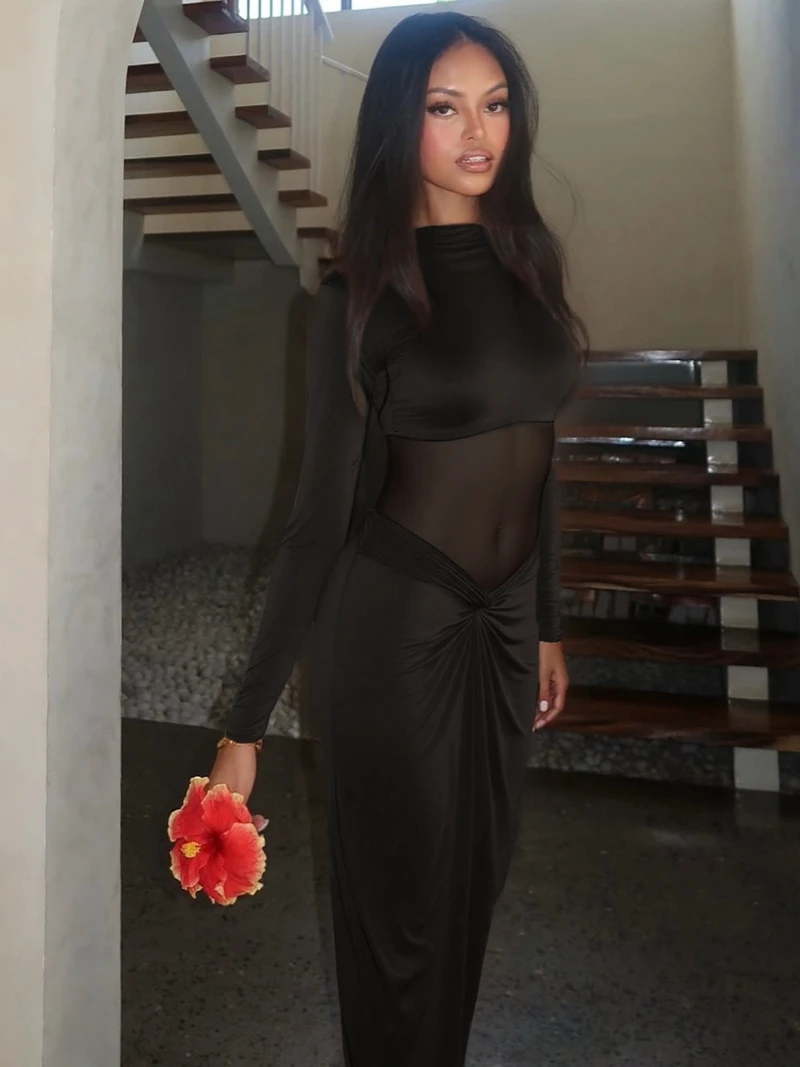 STIJLVOLLE DAME Mesh Patchwork Maxi Jurk 2023 Herfst Vrouwen Lange Mouw Coltrui Bodycon Sexy Club Party Gedrapeerde Jurken