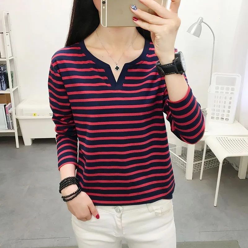 2023 Spring New 95 Cotton Plus Size Women Striped Long Sleeve T-shirt Round Neck Undershirt Loose Autumn Base Shirt