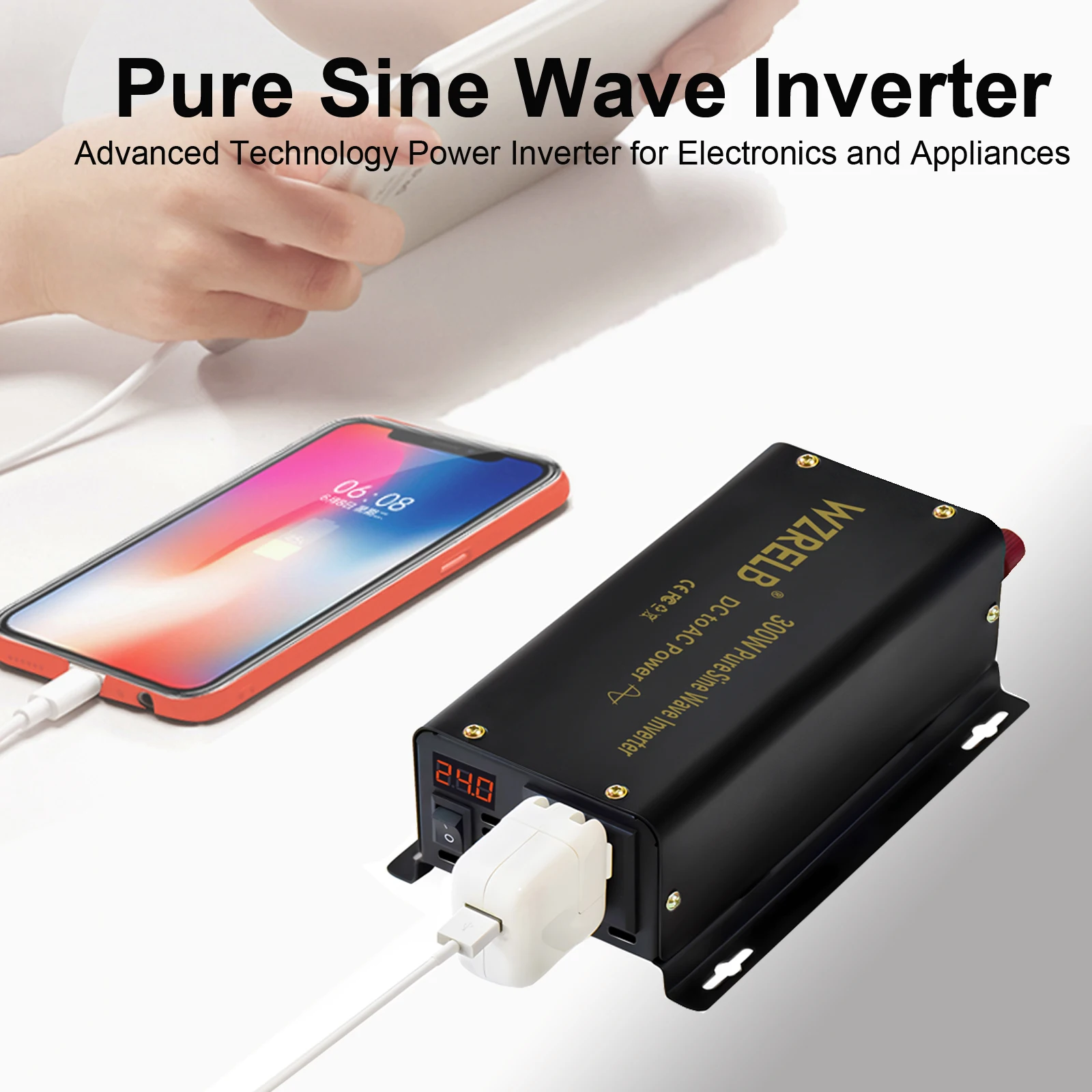 Pure Sine Wave Power Inverter 300W 24V 220V Solar Panel Generator Inverter DC to AC Converter 12V/24V/48V to 110V/120V/230V/240V