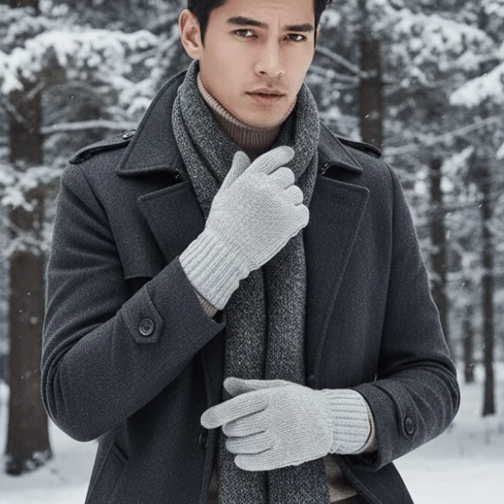 Leather Patch Touchscreen Gloves Solid Color Elastic Cuff Winter Knit Mittens Thick Lining Soft Texture Woolen Warm Gloves
