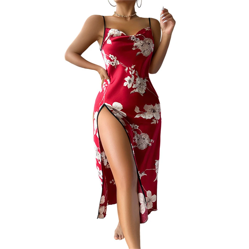 

Summer New Printed Sling Nightdress Sexy Thin Breathable Side-slit Ice Silk Nightgown Backless Sleepwear Women Pajamas Homewear