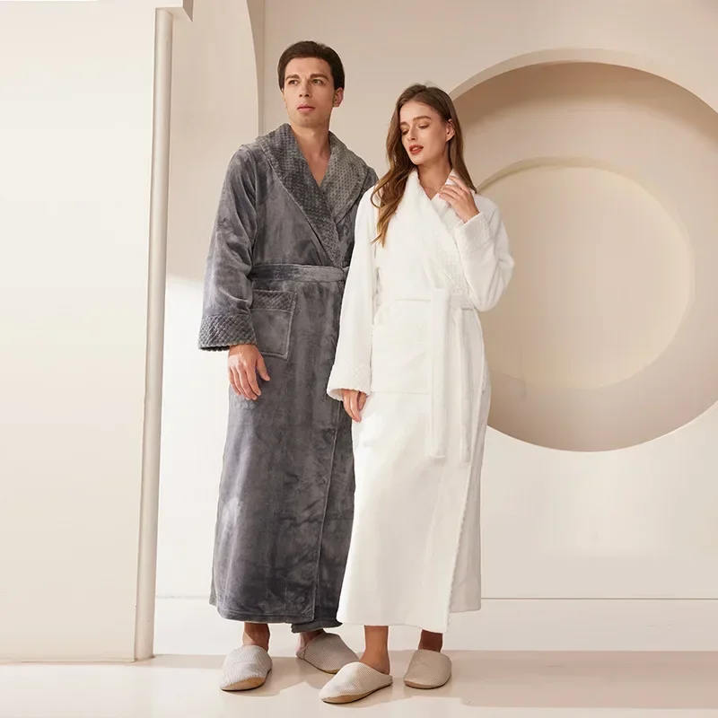 Fashionable Autumn and Winter Thick Warm Flannel Couple's Nightgown, Women's Casual Men's Plus Size Long Coral Fleece Bathrobe