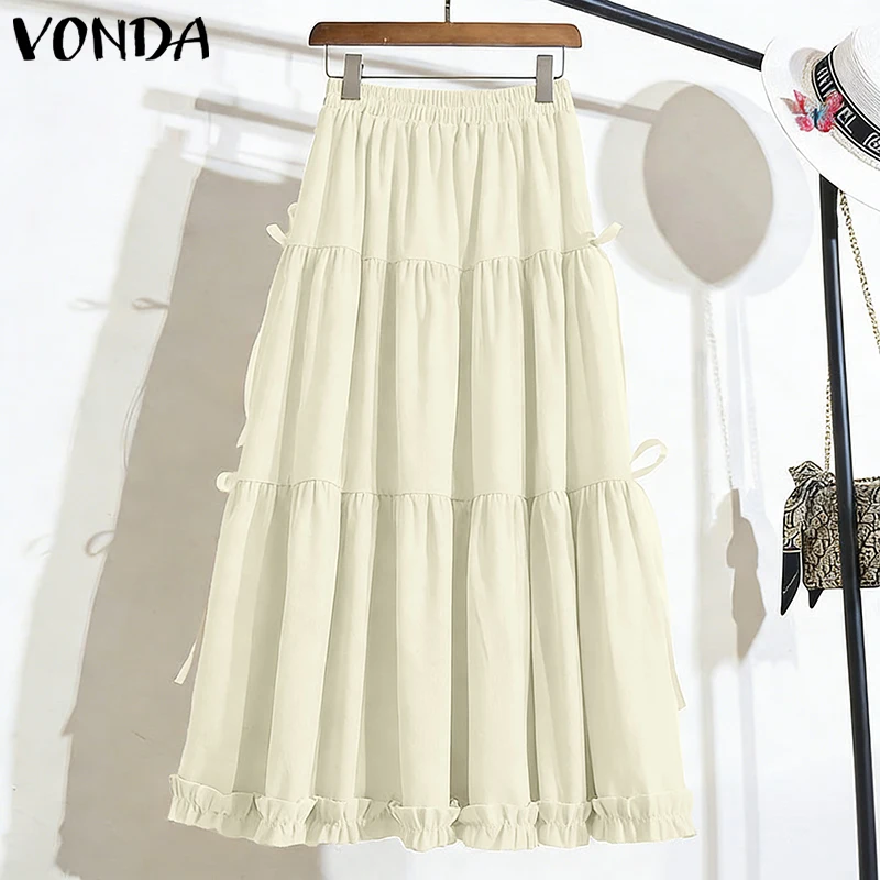 Plus Size 5XL VONDA Women Elegant Bow Ruffled Maxi Skirts Fashion High Waist Pleated Long Skirts Elastic Waist Jupes Faldas Saia - view 2