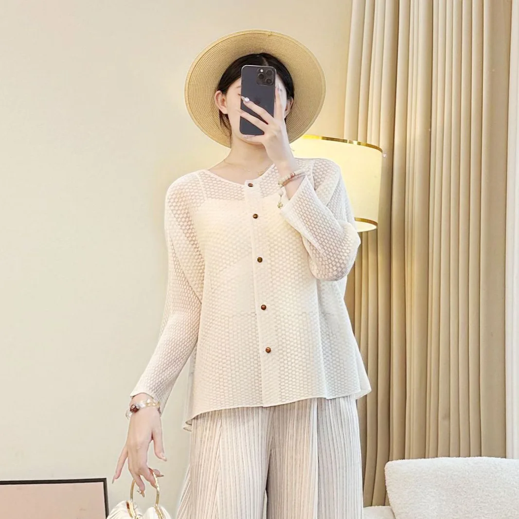 Miyake Plooien 2026 Premium Skeleton Jas Dames Ontwerp Honderd Licht Klein Shirt Eenvoudig Effen Kleur Casual Vest Tops