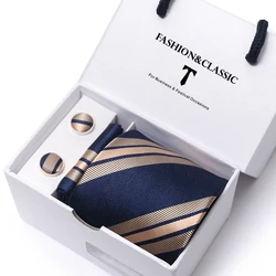 Holiday Gift Box 8 cm Red Stripe Men's Gravata Handkerchief Cufflinks Set For Men Suit Accessories Wedding Neckties
