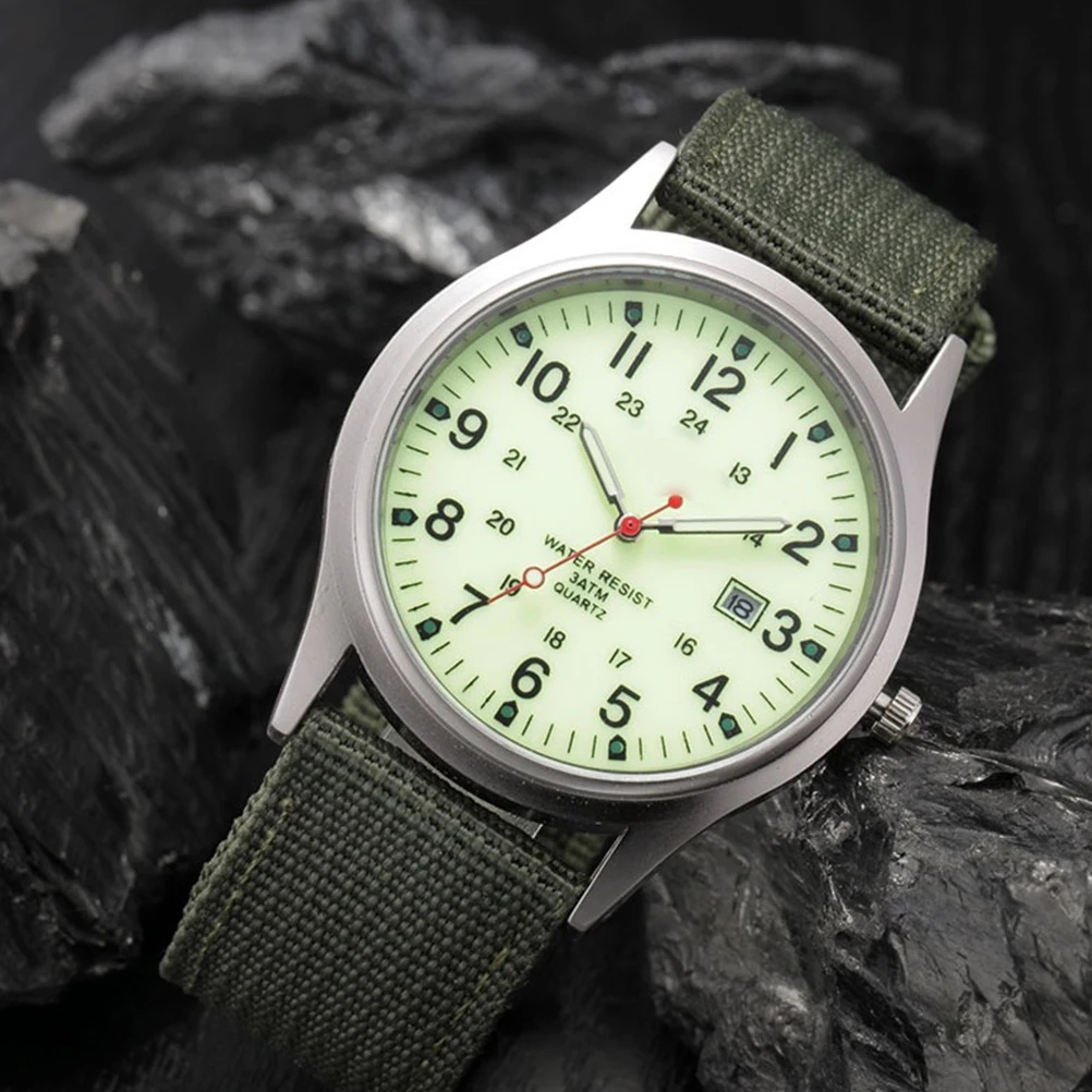 1pc Quartz Military Watch Brown Canvas Band Men'S Fashion Wristwatch With Calendar Date Function Durable Lightweight Male