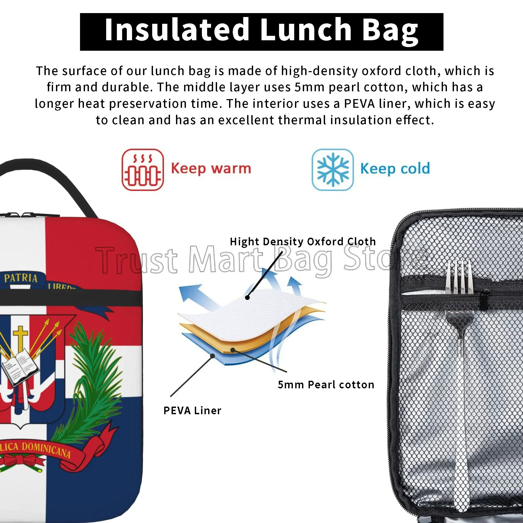 Dominican Republic Flag Insulated Lunch Box Waterproof Bento Tote Bag Portable Reusable Thermal Lunch Box for Travel Work Picnic