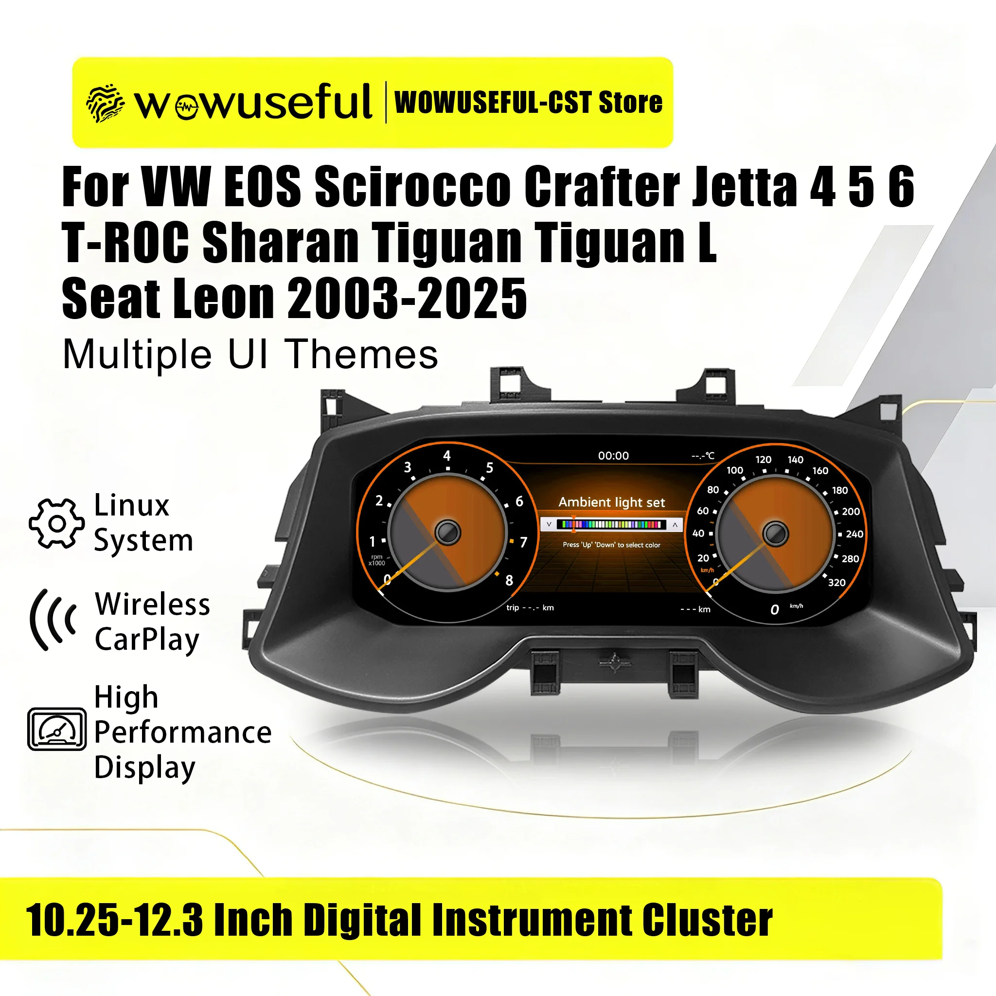 WOWUSEFUL Cruscotto Digitale Virtuale per VW EOS Scirocco Crafter Jetta 4 5 6 T-ROC Sharan Tiguan Tiguan L Seat Leon Anni 2003-2025 Pannello Strumenti Tachimetro Digitale
