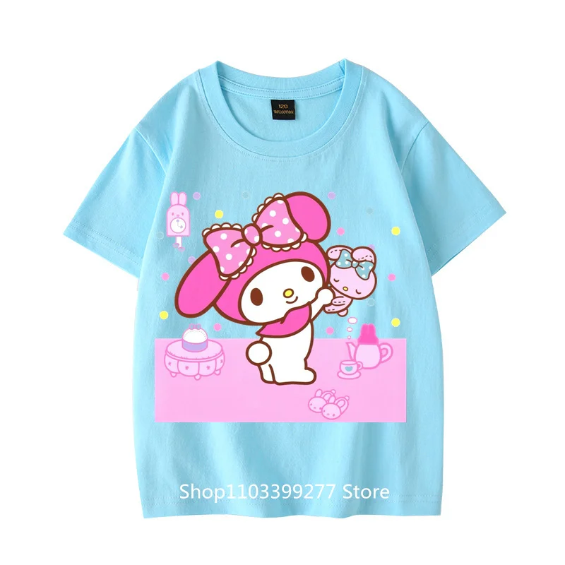 100% Cotton Summer Clothes Absorb Sweat Breathable T-Shirt Sanrio Cartoon Anime Cute MyMelody Short Sleeve T-Shirt Girls T-Shirt