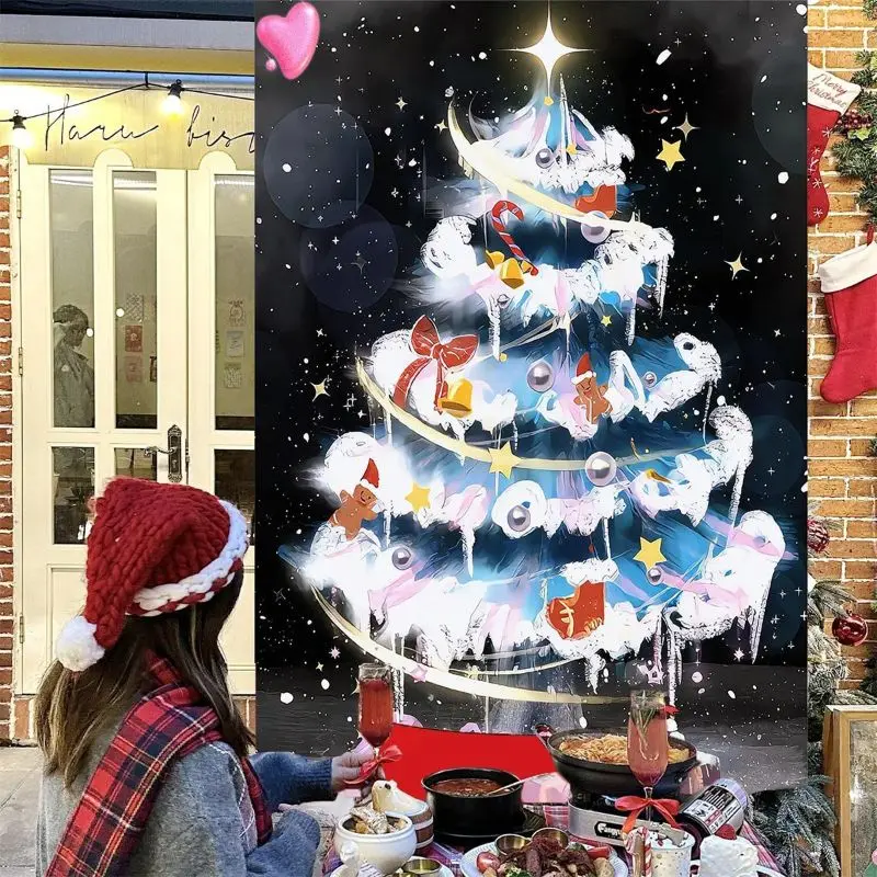 VIKAMA Wall Tapestry Blue Ice Christmas Tree Golden Light Snowflake Star Black Winter Holiday Wall Hanging Home Decor Living