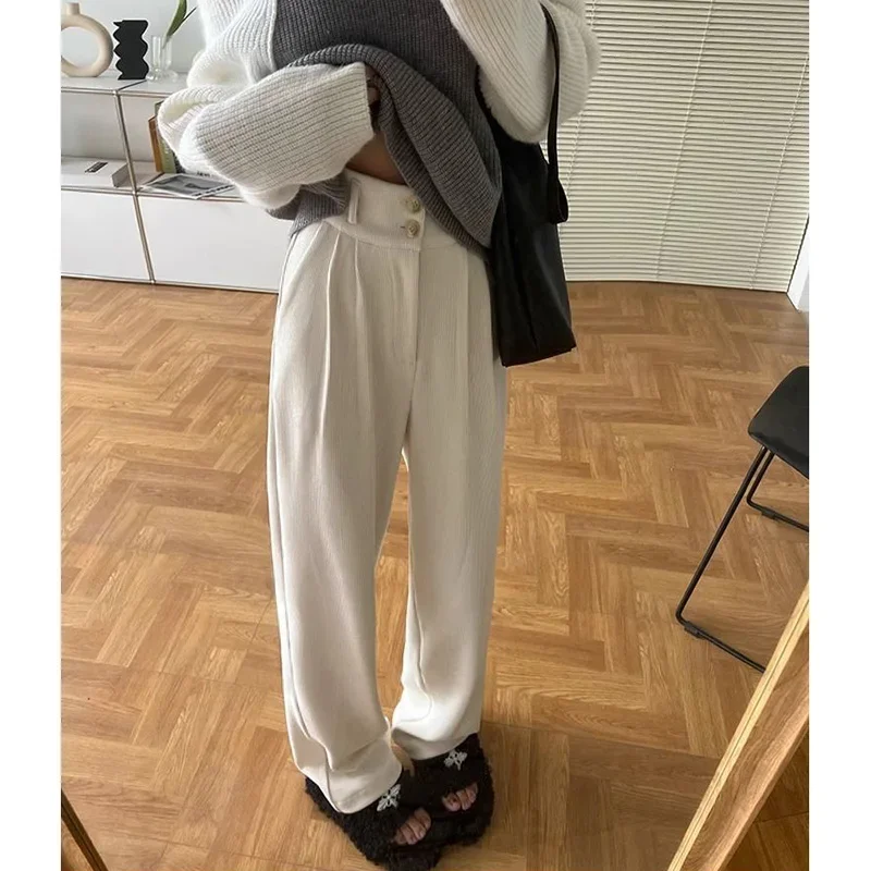 Pantalon de costume coréen en velours côtelé pour femmes, Baggy taille haute, jambes droites, classique de styliste, pantalon fin blanc