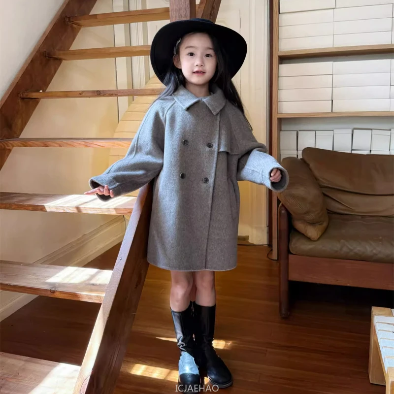 

Одежда для девочек-подростков, детский винтажный серый костюм ручной работы, одинаковые зимние шерстяные двусторонние пальто для девочек во французском стиле