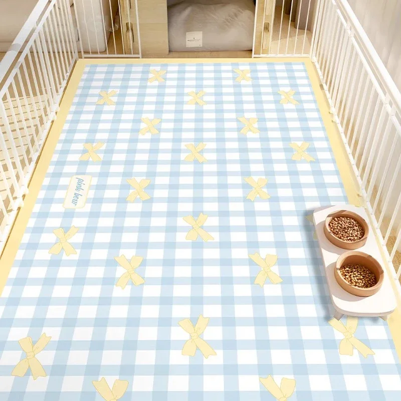 Pet Waterproof Carpet Cat Dog Eating Mat Blue Plaid Pvc Leather Non-slip Floor Mats Cute Sweet Home Decoration Rug for Kitchen