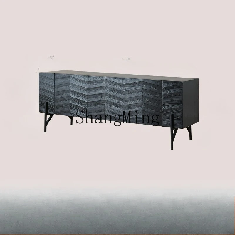 

FG black TV cabinet retro fish bone pattern locker Nordic modern tall foot