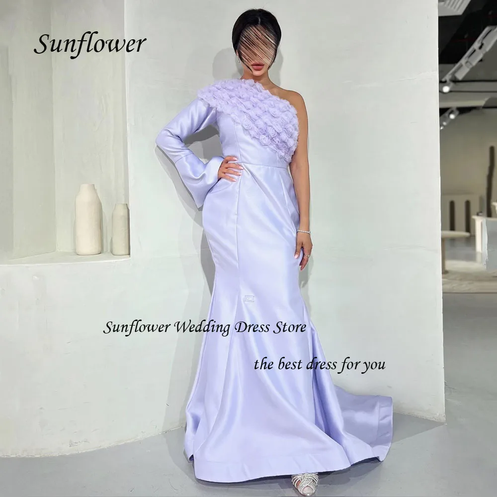 

Sunflower One-Shoulder Long Sleeve Evening Dress 2023 Slim Flowers Appliques Mermaid Prom dress Floor-Length Party Dress