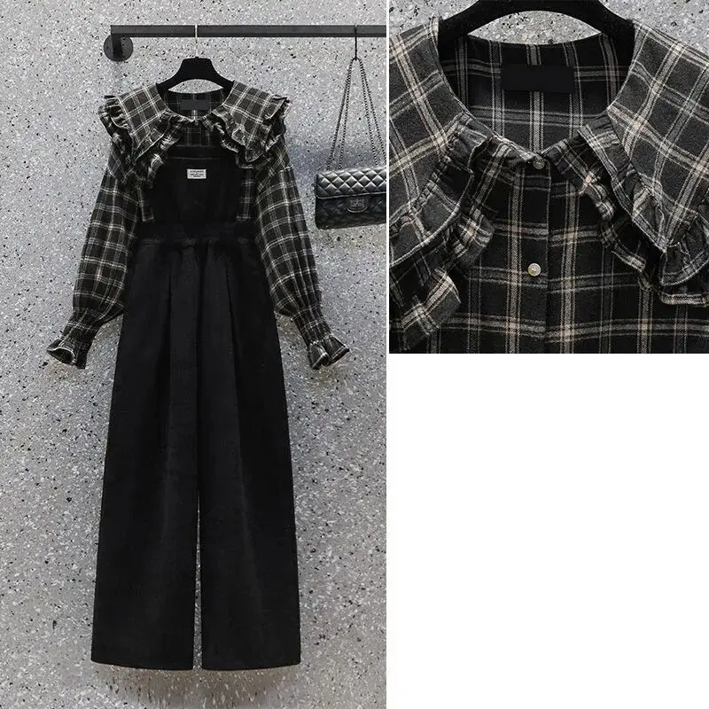 Women\'s Clothing Suit 2024 Spring/Autumn Retro Plaid Shirt Fashion Overall Pants Two Piece Set Casual Top Black Trousers Outfits