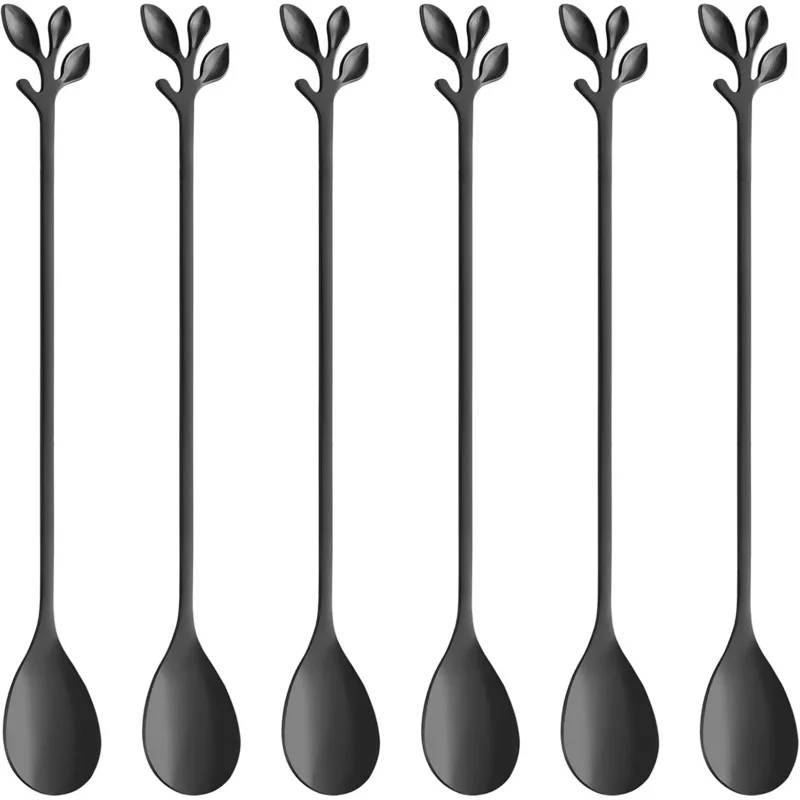 

Элегантная чайная ложка с длинной ручкой черного листа, 6 предметов - 7,4-дюймовая ложка для смешивания из нержавеющей стали, подходит для кофе и чая