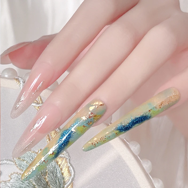 14개(긴 것 4개+짧은 것 10개) 수제 잉크-워시 리티니 네일 세트 행사용 반짝이는 예술적 디자인(인기 있는 키트보다 우수함)